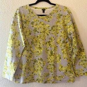 J. Crew Women’s Gray Cotton Sweater with Gray Yellow Flowers - Size  XL Boho